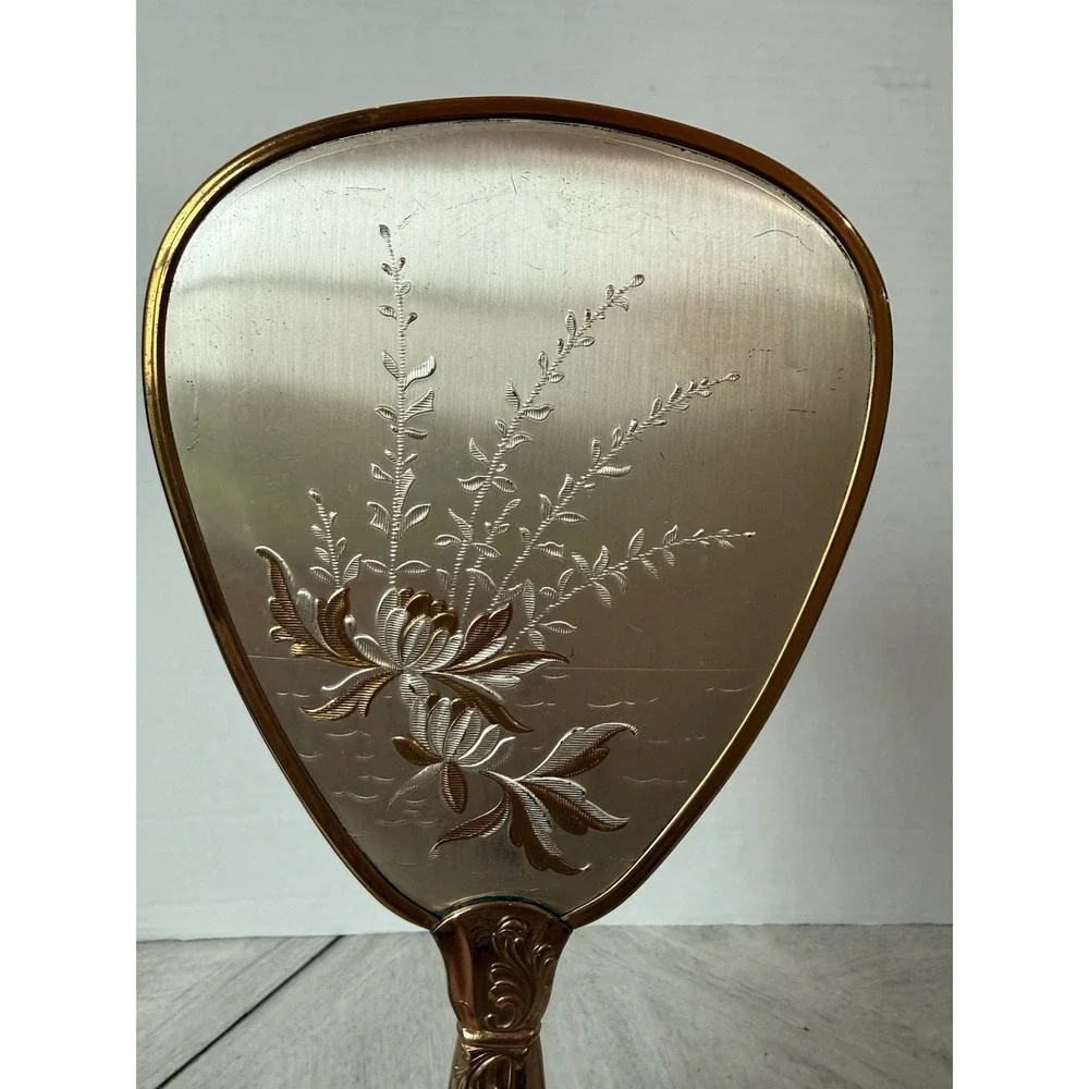 Vintage Gold Tone Hand Mirror & Brush Set Embossed Floral Fluted Handle Vanity